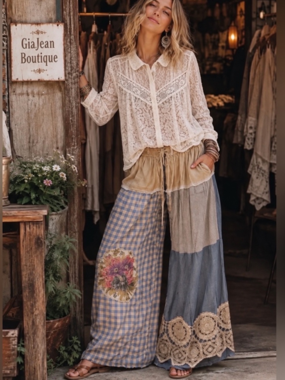 ❤️ JADED GYPSY “ TREASURE “ JADED GYPSY PATCHWORK PANTS WITH CROCHET DETAIL 80